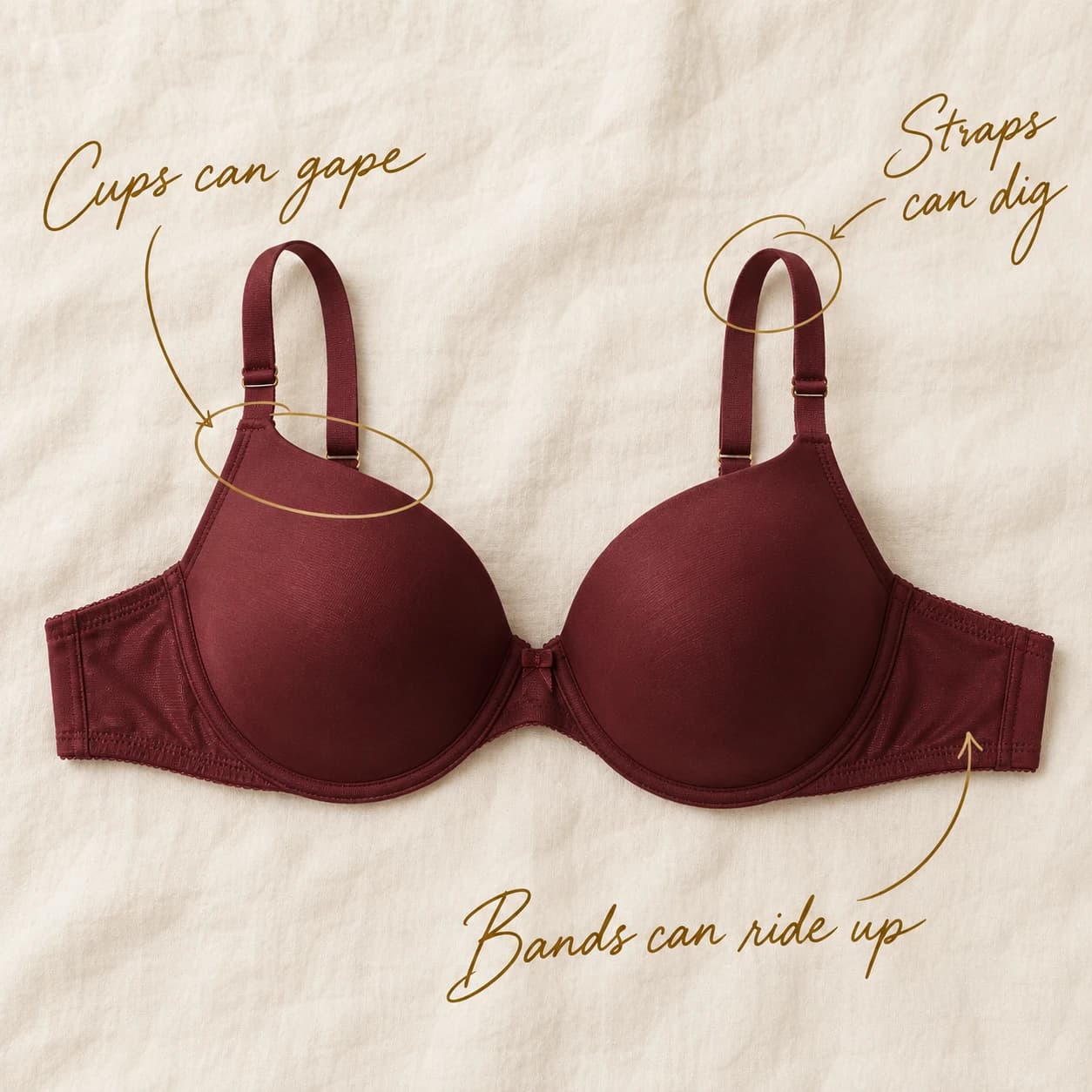 An oxblood bra with handwritten fit notes: Cups can gape; Straps can dig; Bands can ride up.