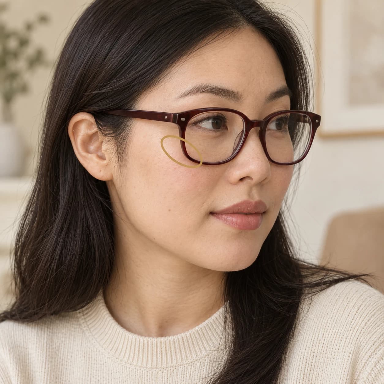 A brass circle highlights the lower rim of oxblood glasses near a woman’s cheek.