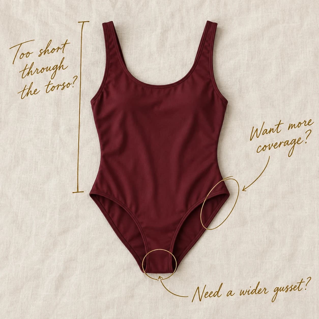 An oxblood swimsuit with handwritten questions: Too short through the torso? Want more coverage? Need a wider gusset?